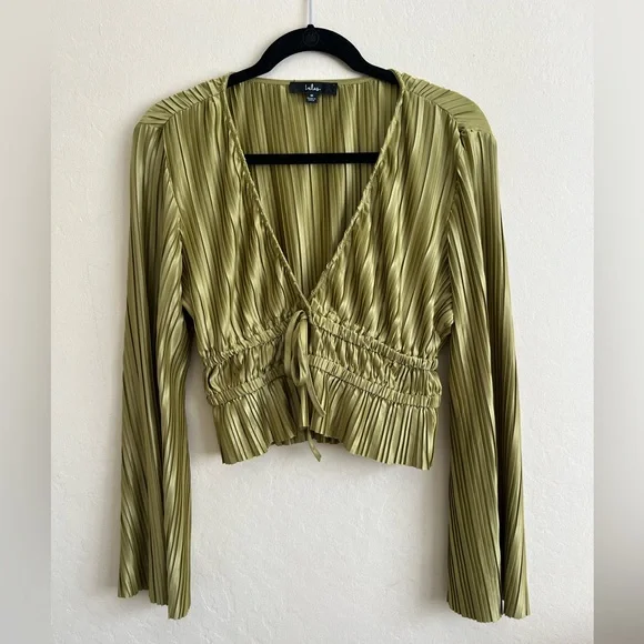 Staying Optimistic Chartreuse Pleated Bell Sleeve Top - Picture 3 of 4
